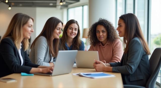 Equipe diversificada colaborando em um projeto em um ambiente de escritório moderno e iluminado, simbolizando trabalho em equipe.